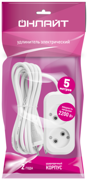 Удлинитель 2х5м без заземл. 10А IP20 90505 OPE-S-02-500-X-2х1 ОНЛАЙТ 90505
