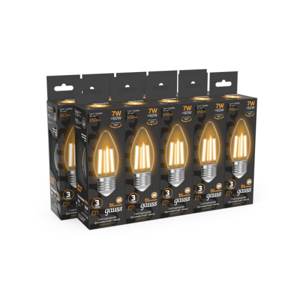 Лампа светодиодная филаментная Black Filament 7Вт свеча 2700К тепл. бел. E27 550лм GAUSS 103802107