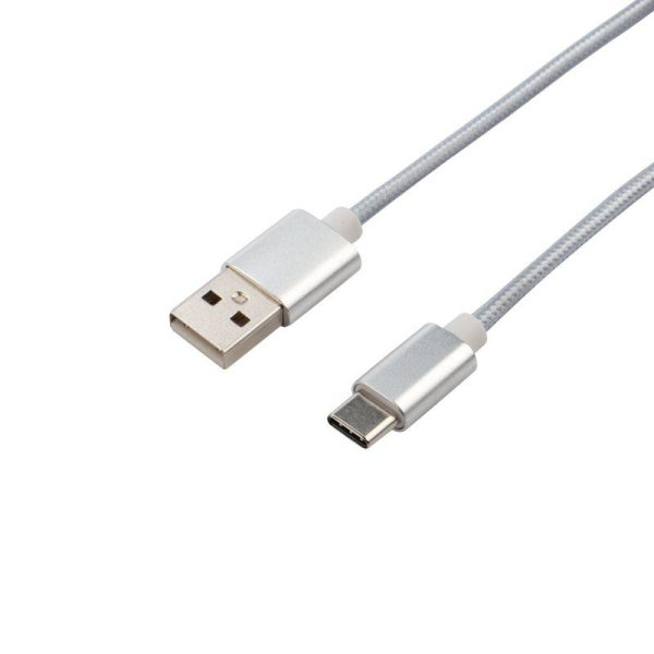 Кабель USB-A – Type-C, 2,1A, 1м, в серебрянной нейлоновой оплетке REXANT