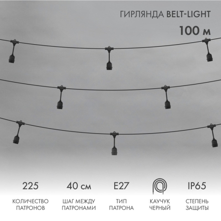 Гирлянда Belt-Light 2 жилы, 100м, шаг 40см, 225 подвесных патронов Е27, IP65, черный круглый провод NEON-NIGHT