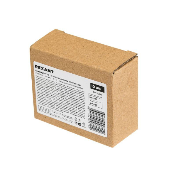 Аккумулятор Li-ion 10440, 3,7В, 320мАч, без платы защиты, плоский контакт, 10 шт, коробка REXANT