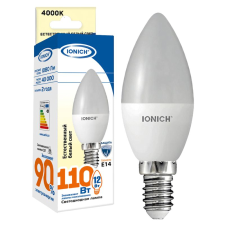 Лампа светодиодная C37 12Вт свеча 4000К E14 230В IONICH 1640