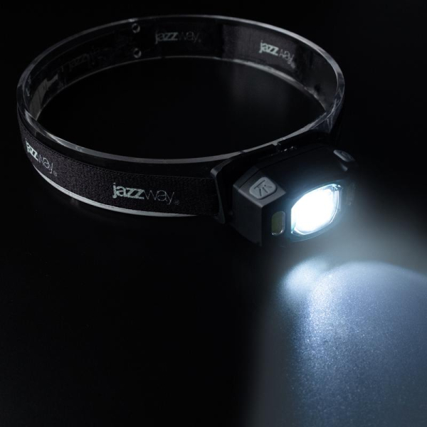 Фонарь аккумуляторный налобный AccuH3-L5W-bk LED 5Вт + 2хRED SMD IP54 5 режимов: 100проц. 180лм 3.5ч/50проц. 110лм 5.5ч/30проц. 65лм 15ч/красн. 28ч/мигающ. красн. 12ч аккум. управл. жестами черн. JazzWay 5036703
