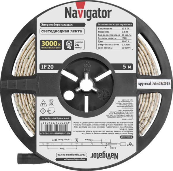 Лента светодиодная 71 402 NLS-3528WW60-4.8 IP20 12B R5 4.8Вт/м (уп.5м) Navigator 71402