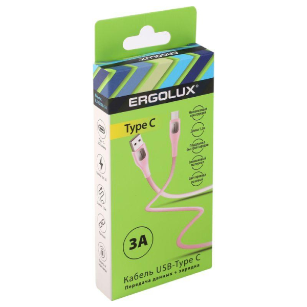 Кабель USB-Type C ELX-CDC02-C14 3А 1.2м зарядка+передача данных коробка роз. Ergolux 15302