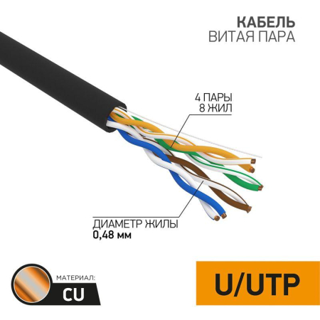 Кабель витая пара U/UTP кат.5E 4х2х24AWG медь OUTDOOR черн. (уп.305м) PROCONNECT 01-0054