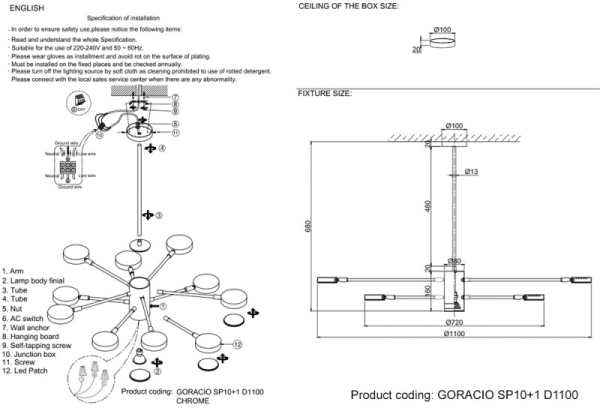 Люстра на штанге Crystal Lux GORACIO SP10+1 D1100 CHROME