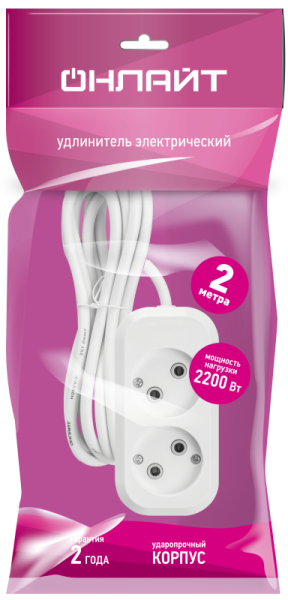 Удлинитель 2х2м без заземл. 10А IP20 90503 OPE-S-02-200-X-2х1 ОНЛАЙТ 90503