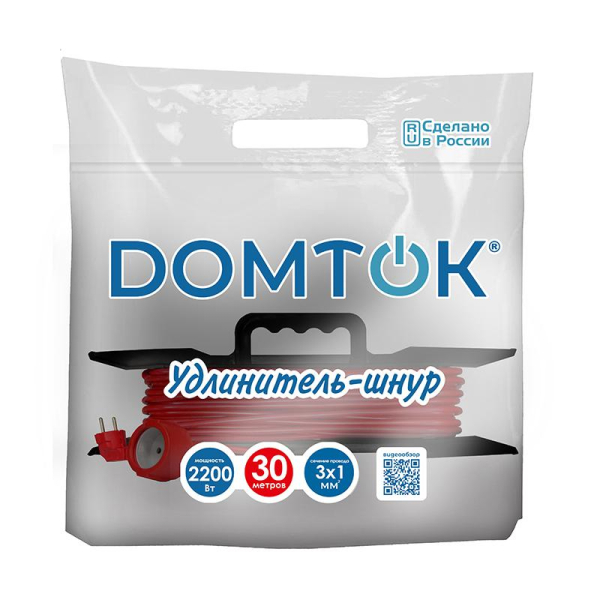 Удлинитель-шнур на рамке 1х30м с заземл. 10А IP20 2.2кВт ПВС 3х1 DOMTOK 2480