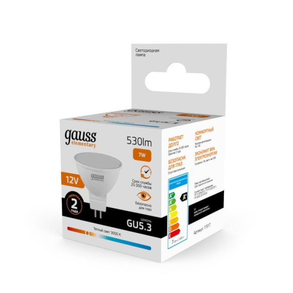 Лампа светодиодная Elementary 7Вт MR16 софит 3000К тепл. бел. GU5.3 530лм 12В GAUSS 11517