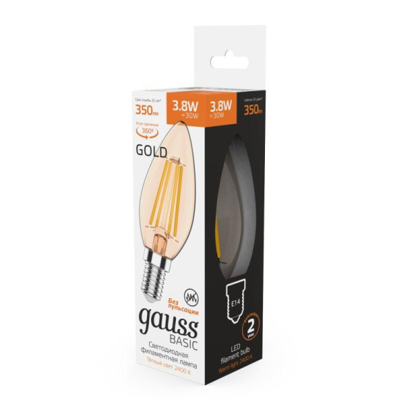 Лампа светодиодная филаментная Basic Filament 3.8Вт Свеча 2400К Е14 350лм golden GAUSS 1037154