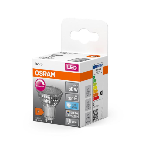 Лампа светодиодная диммируемая Superstar PAR16 4.5Вт 4000К тепл. бел. GU10 350лм прозр. стекло 220-240В (замена 50Вт) OSRAM 4058075798120
