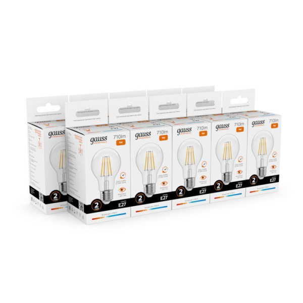 Лампа светодиодная филаментная Filament Elementary А60 9Вт 2700К Е27 710лм GAUSS 22219