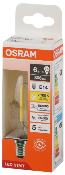Лампа светодиодная филаментная LSCLBA75 6W/827 230VFILCL 6Вт 2700К тепл. бел. E14 806лм BA угол пучка 300град. 220-240В (замена 75Вт) прозр. стекло OSRAM 4058075684997
