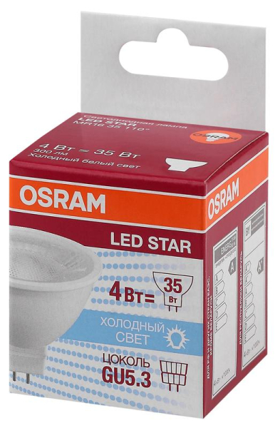 Лампа светодиодная LED Star MR16 35110 4W/840 230V GU5.3 4Вт матовая 4000К нейтр. бел. GU5.3 MR16 300лм 220-240В пластик. (замена 35Вт) OSRAM 4058075480438