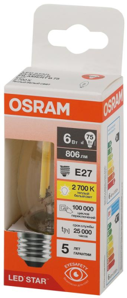 Лампа светодиодная филаментная LSCLB75 6W/827 230VFILCL 6Вт 2700К тепл. бел. E27 806лм B угол пучка 300град. 220-240В (замена 75Вт) прозр. стекло OSRAM 4058075687882