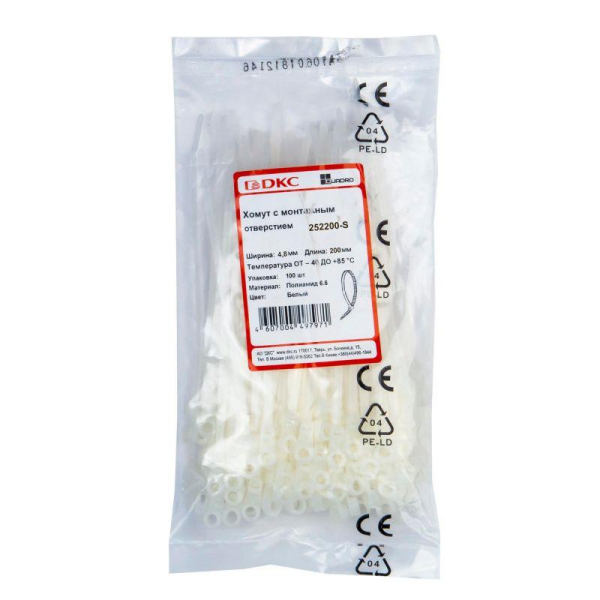 Хомут кабельный 4.8х200 полиамид бел. с монтаж. отв. (уп.100шт) DKC 252200-S