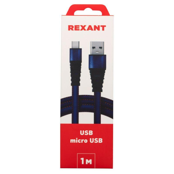 Кабель USB-A – micro USB, 2А, 1м, в джинсовой тканевой оплетке, плоский REXANT