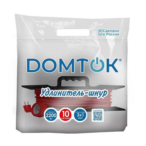 Удлинитель-шнур на рамке 1х10м с заземл. 10А IP20 2.2кВт ПВС 3х1 DOMTOK 2478