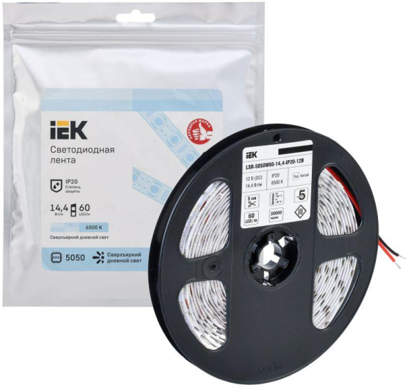 Лента светодиодная LED LSR-5050W60-14.4-IP20-12В (уп.5м) IEK LSR2-2-060-20-3-05