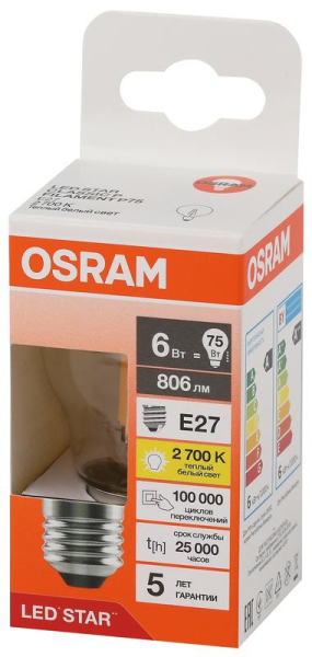 Лампа светодиодная филаментная LSCLP75 6W/827 230VFILCL 6Вт 2700К тепл. бел. E27 806лм P угол пучка 300град. 220-240В (замена 75Вт) прозр. стекло OSRAM 4058075684720