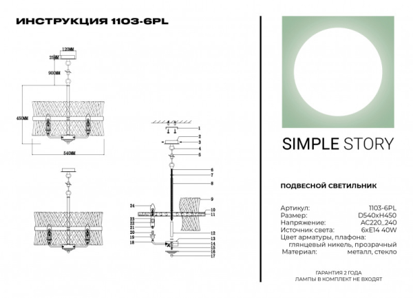 Подвесная люстра Simple Story 1103-6PL