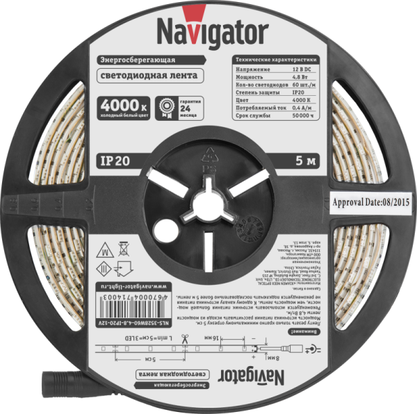 Лента светодиодная 71 400 NLS-3528W60-4.8 IP20 12B R5 4.8Вт/м (уп.5м) Navigator 71400