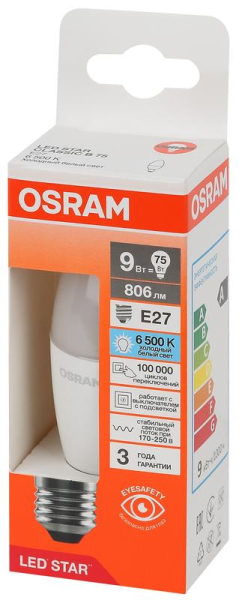 Лампа светодиодная LED Star 9Вт 6500К холод. бел. E27 806лм B угол пучка 200град. 170-250В (замена 75Вт) матов. пластик OSRAM 4058075697102