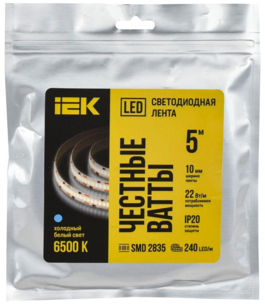 Лента светодиодная 2835-240LED 22Вт/м IP20 10мм 24В 6500К (уп.5м) IEK LSR6-2-240-20-1-05