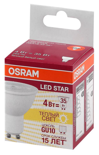 Лампа светодиодная LED STAR PAR16 3536 4W/830 230V GU10 265лм 4Вт (замена 35Вт) 3000К тепл. бел. GU10 PAR16 220-240В прозр. пласт. OSRAM 4058075481343