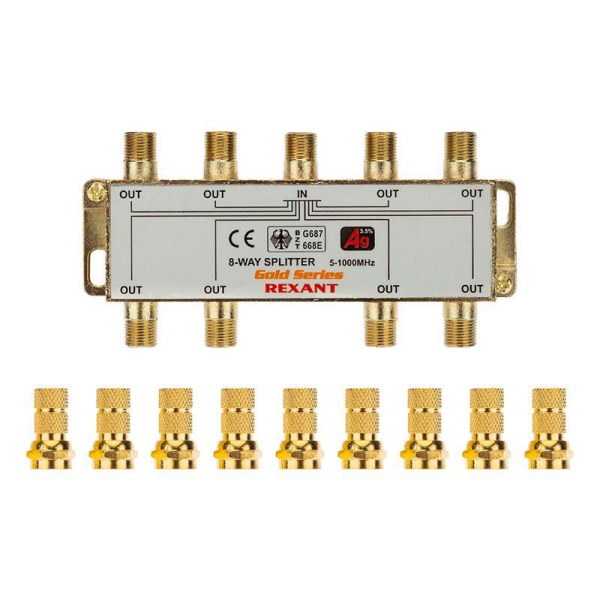 Делитель ТВх8 + 9шт F 5-1000 МГц (GOLD) box (уп.5шт) Rexant 05-6105-1