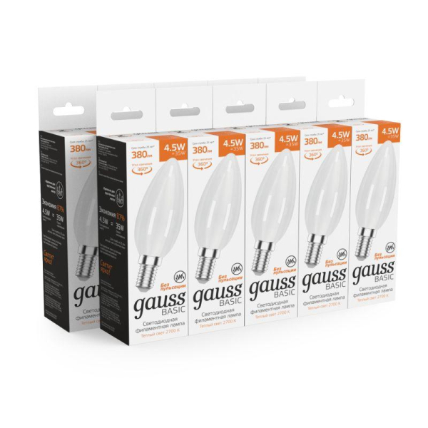 Лампа светодиодная филаментная Basic Filament 4.5Вт Свеча 2700К Е14 380лм milky GAUSS 1035115