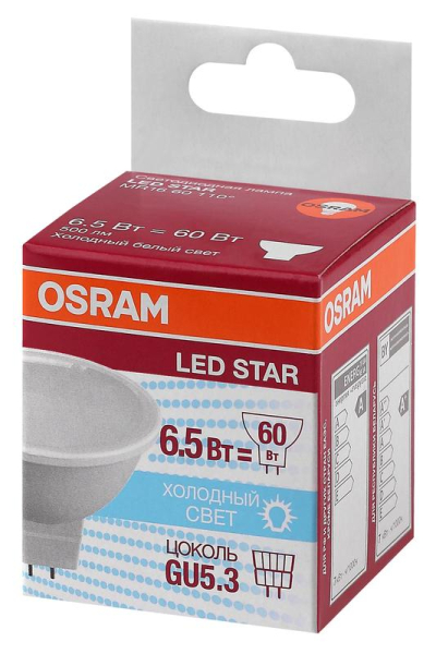 Лампа светодиодная LED Star MR16 60110 6.5W/840 230V GU5.3 6.5Вт матовая 4000К нейтр. бел. GU5.3 MR16 500лм 220-240В пластик. (замена 60Вт) OSRAM 4058075480582
