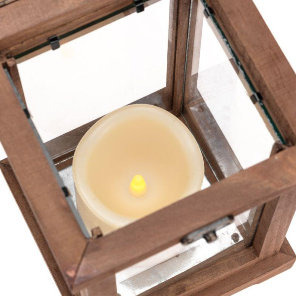 Декоративный фонарь со свечкой, корпус из дерева, размер 14х14х35cм, цвет теплый белый