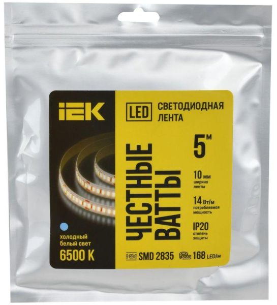 Лента светодиодная 2835-168LED 14Вт/м IP20 10мм 24В 6500К (уп.5м) IEK LSR6-2-168-20-1-05