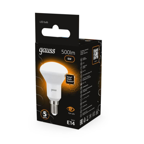 Лампа светодиодная Black 6Вт R50 рефлектор 3000К тепл. бел. E14 500лм GAUSS 106001106