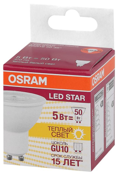 Лампа светодиодная LED STAR PAR16 5Вт (замена 50Вт) тепл. бел. GU10 OSRAM 4058075403376