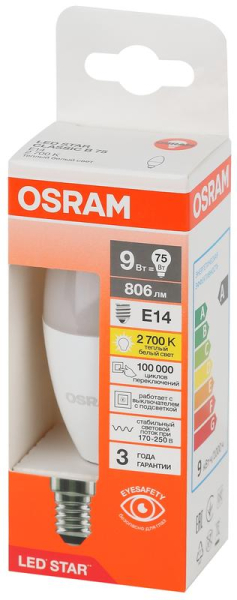 Лампа светодиодная LED Star 9Вт 2700К тепл. бел. E14 806лм B угол пучка 200град. 170-250В (замена 75Вт) матов. пластик OSRAM 4058075696655