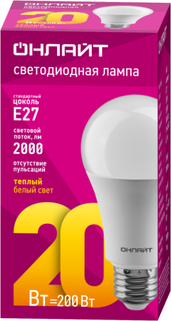 Лампа светодиодная 61 157 OLL-A60-20-230-2.7K-E27 20Вт грушевидная 2700К тепл. бел. E27 2000лм 176-264В ОНЛАЙТ 61157