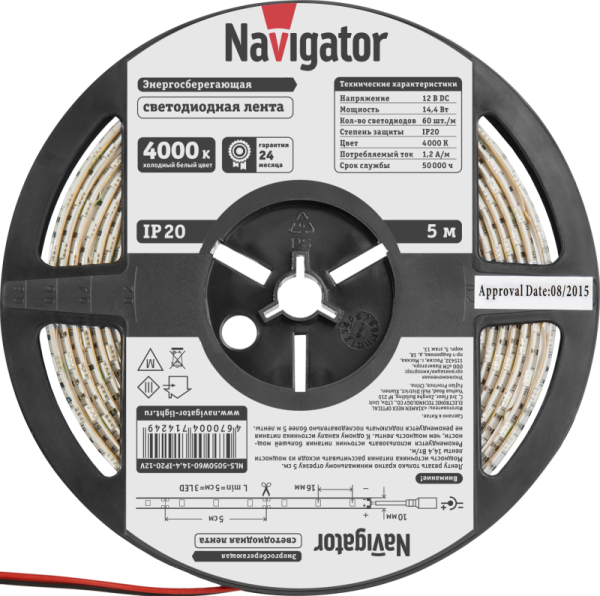 Лента светодиодная 71 424 NLS-5050W60-14.4 IP20 12B R5 14.4Вт/м (уп.5м) Navigator 71424
