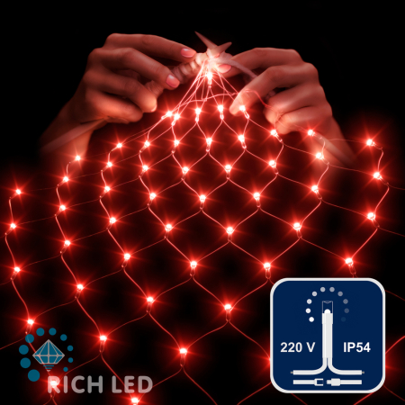 Светодиодная сетка Rich LED 2*3 м, красная,384 LED, 220 B, прозрачный провод.