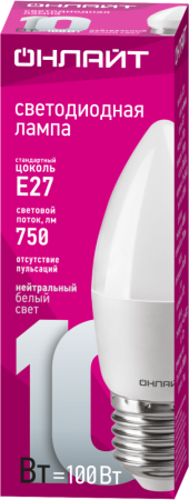 Лампа светодиодная 61 960 OLL-C37-10-230-4K-E27-FR 10Вт свеча 4000К нейтр. бел. E27 1000лм 176-264В ОНЛАЙТ 61960