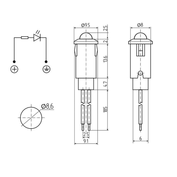 Индикатор малый d8 12В с проводом зел. LED (WL-04) Rexant 36-4712