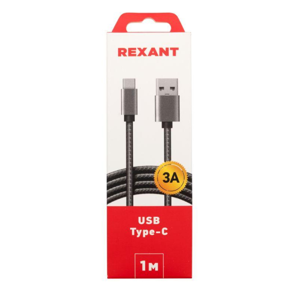 Кабель USB-A – Type-C, 3A, 1м, в темно-серой нейлоновой оплетке REXANT