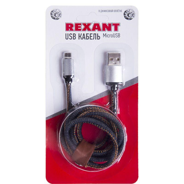 Кабель USB-A – micro USB, 2,4А, 1м, в джинсовой тканевой оплетке REXANT