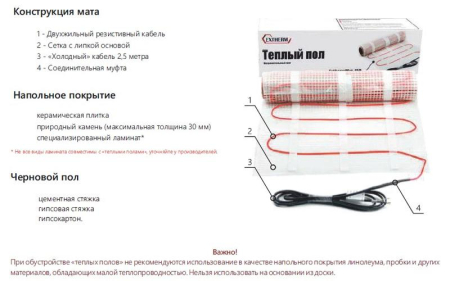 Комплект "Теплый пол" (мат) двухжил. 150Вт/кв.м ExthermMat 150-75-0.5