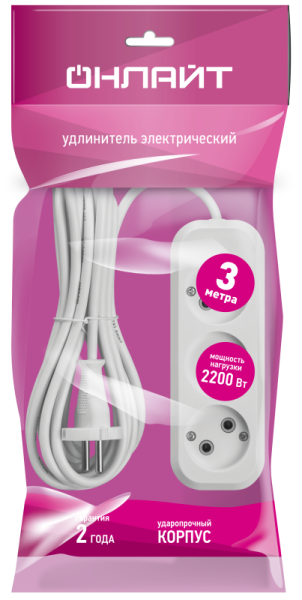 Удлинитель 3х3м без заземл. 10А IP20 90508 OPE-S-03-300-X-2х1 ОНЛАЙТ 90508