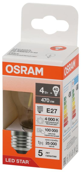 Лампа светодиодная филаментная LS CLP40 4W/840 230VFILCL RU 4Вт 4000К нейтр. бел. E27 470лм P угол пучка 300град. 220-240В (замена 40Вт) прозр. стекло OSRAM 4058075684638
