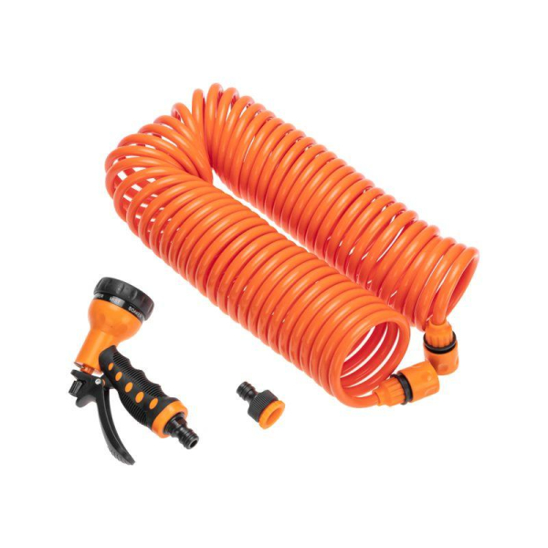 Шланг спиральный, 15м х 8мм, пистолет-распылитель, 2 коннектора, адаптер ЧЕТЫРЕ СЕЗОНА