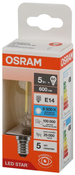Лампа светодиодная филаментная LSCLB60 5W/865 230VFILCL 5Вт 6500К холод. бел. E14 600лм B угол пучка 300град. 220-240В (замена 60Вт) прозр. стекло OSRAM 4058075687974